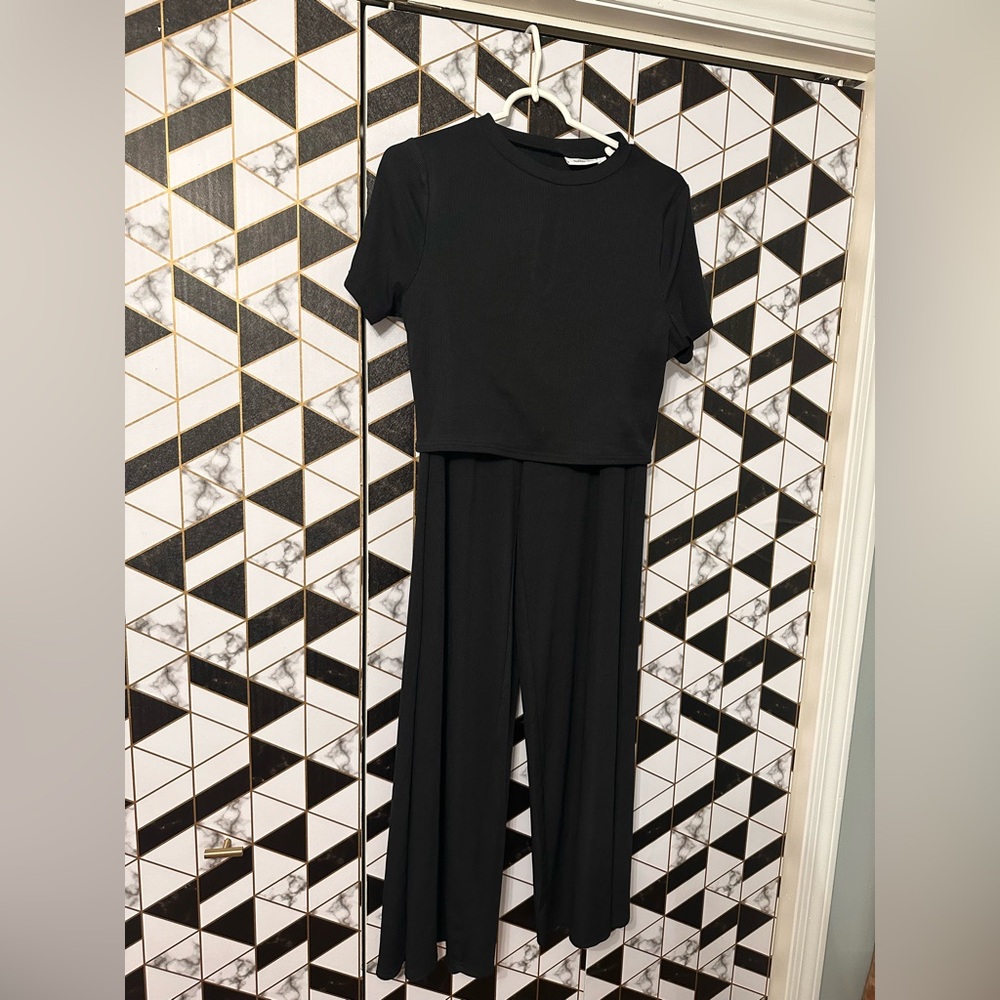 Black Ribbed Short Sleeve Two-Piece Jumpsuit